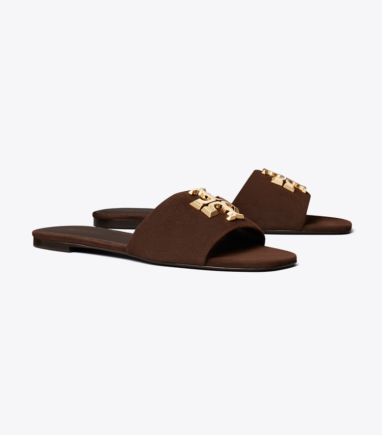 Tory Burch designer sandals Eleanor Slide in DARK COCOA / GOLD angle