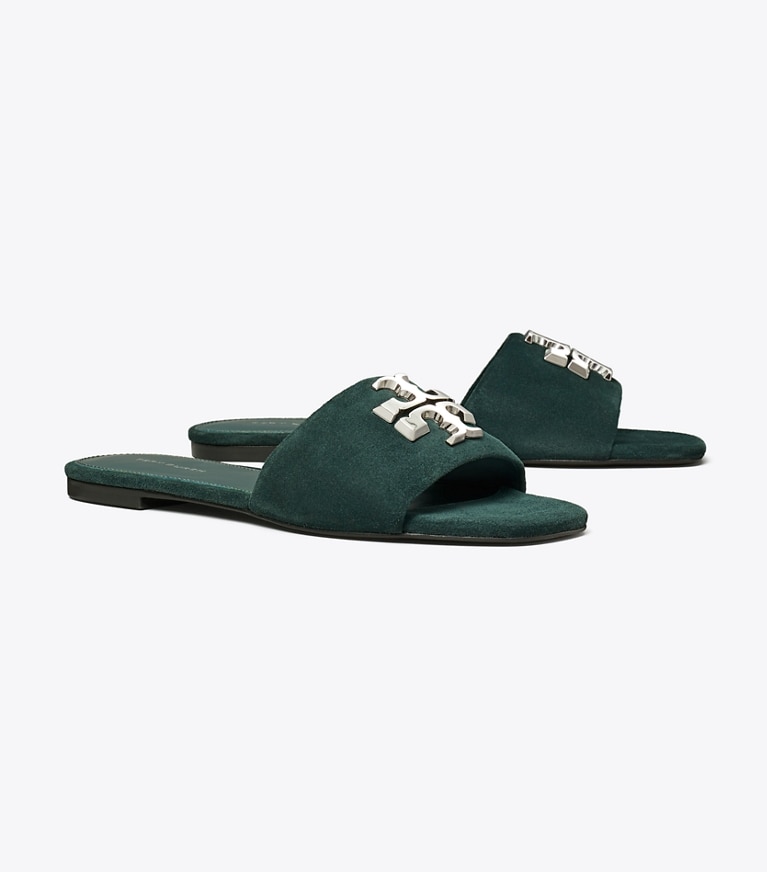 Tory Burch designer sandals Eleanor Slide in WARM TEAL / SILVER angle