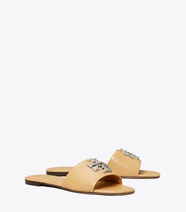 Tory Burch designer sandals Eleanor Slide in HONEYCOMB TAN / SILVER angle