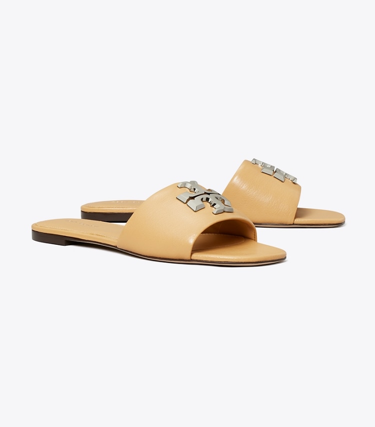 Tory Burch designer sandals Eleanor Slide in HONEYCOMB TAN / SILVER angle