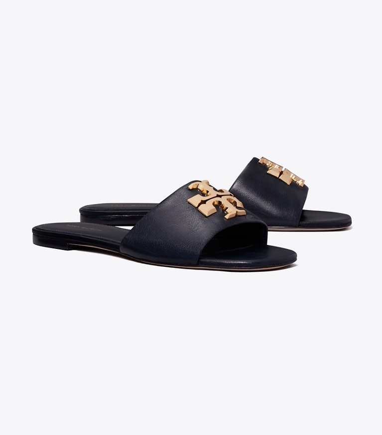 Tory Burch designer sandals Eleanor Slide in NEW NAVY / GOLD angle
