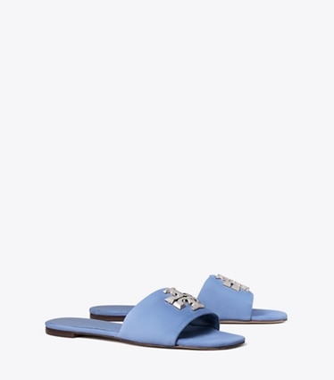 Tory Burch designer sandals Eleanor Slide in SOFT BLUE / SILVER angle
