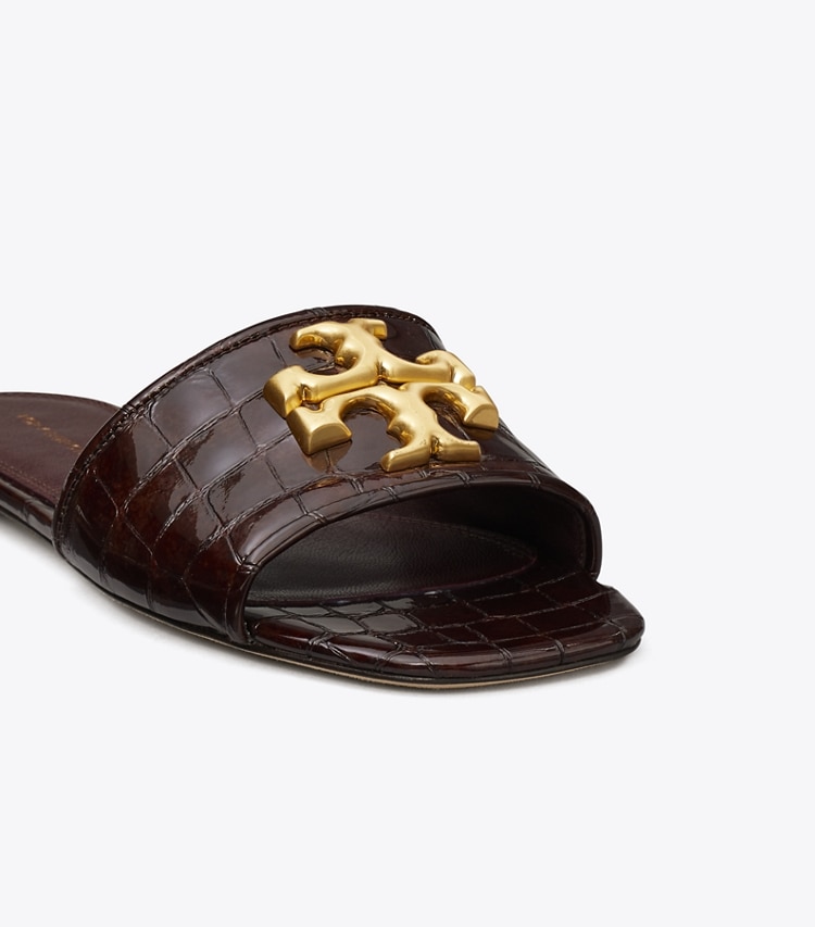 Tory Burch designer sandals Eleanor Slide in BROWN CROC / DARK CARMINE / GOLD detail