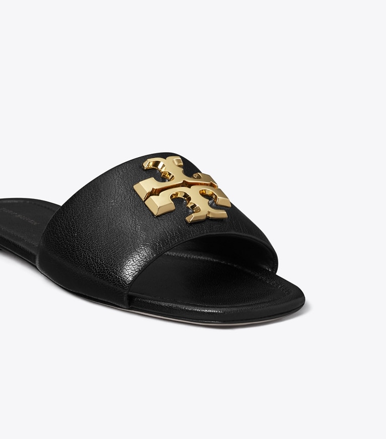 Tory Burch designer sandals Eleanor Slide in PERFECT BLACK / GOLD angle
