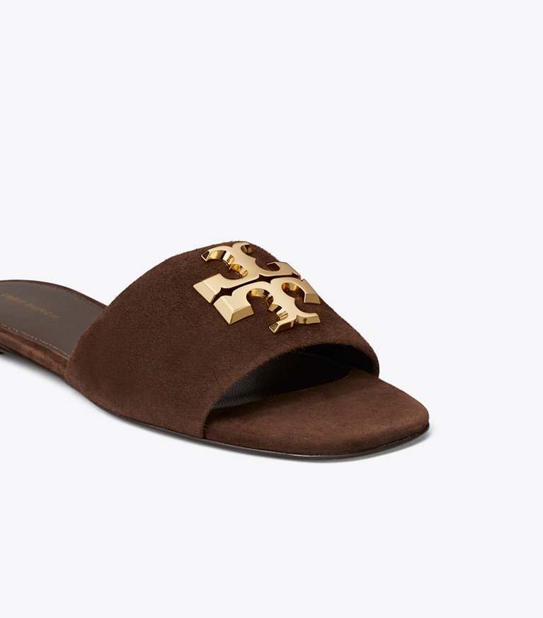 Tory Burch designer sandals Eleanor Slide in DARK COCOA / GOLD angle