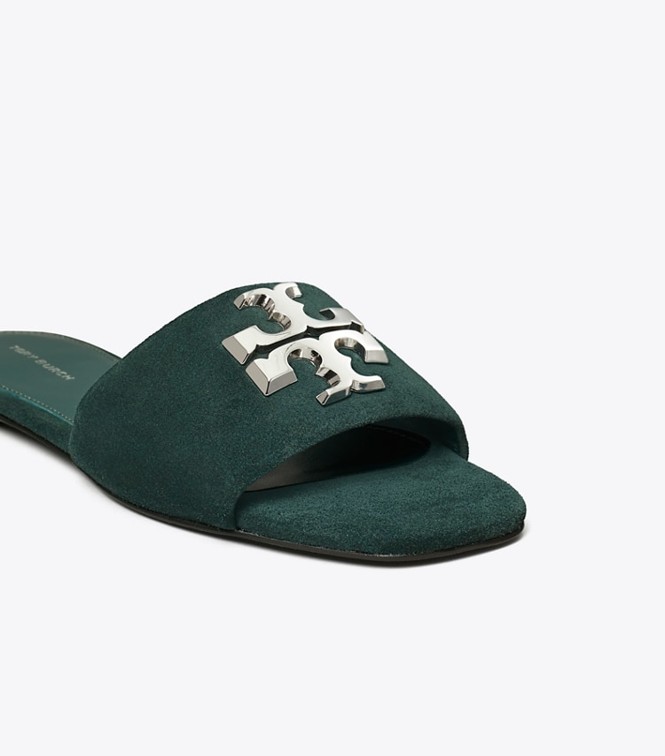 Tory Burch designer sandals Eleanor Slide in WARM TEAL / SILVER detail