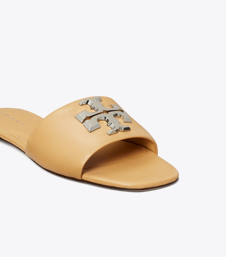 Tory Burch designer sandals Eleanor Slide in HONEYCOMB TAN / SILVER detail