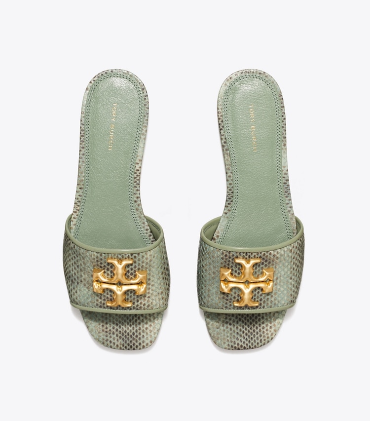 Tory Burch designer sandals Eleanor Slide in MOSS ROCCIA / GOLD overhead