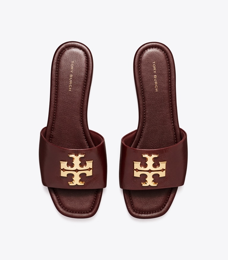 Tory Burch designer sandals Eleanor Slide in DARK CARMINE / GOLD overhead