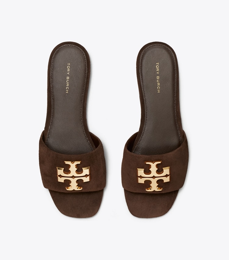 Tory Burch designer sandals Eleanor Slide in DARK COCOA / GOLD overhead