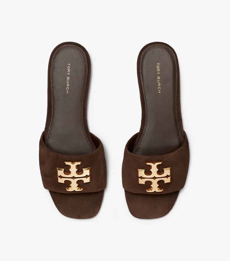 Tory Burch designer sandals Eleanor Slide in DARK COCOA / GOLD angle