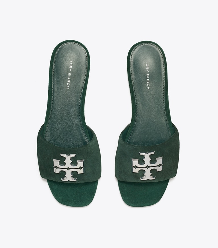 Tory Burch designer sandals Eleanor Slide in WARM TEAL / SILVER angle