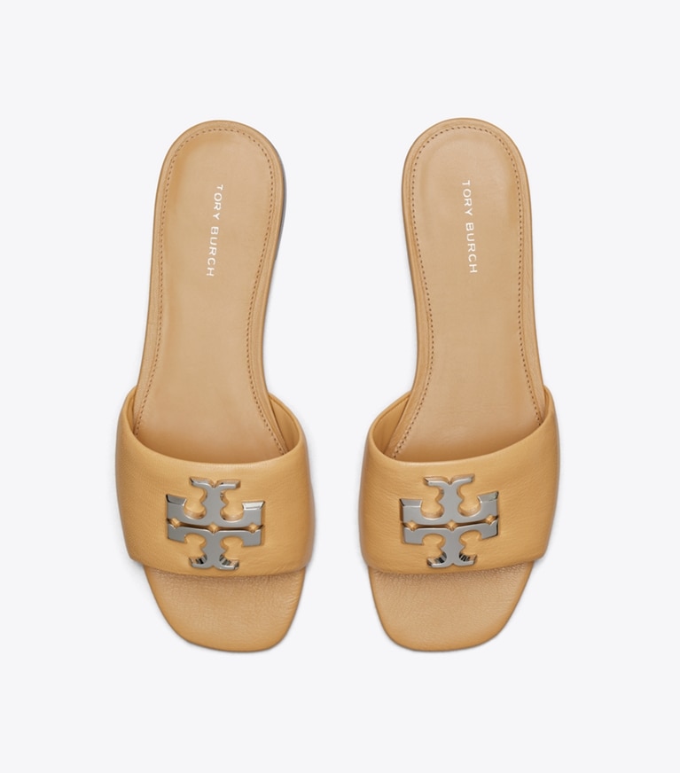 Tory Burch designer sandals Eleanor Slide in HONEYCOMB TAN / SILVER overhead