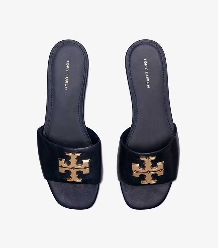 Tory Burch designer sandals Eleanor Slide in NEW NAVY / GOLD overhead