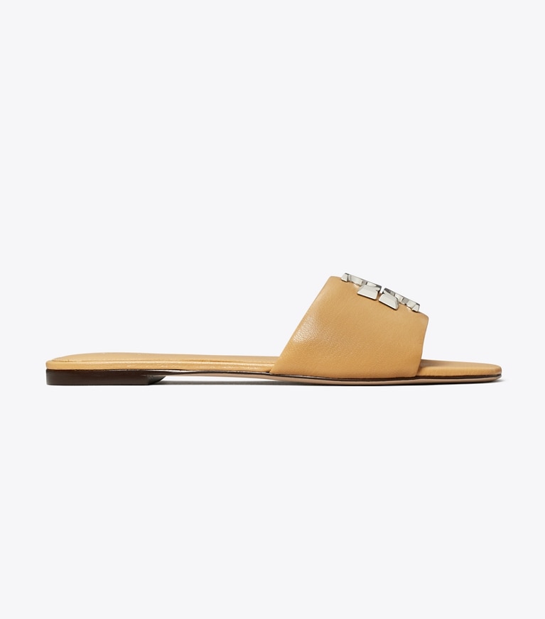Tory Burch designer sandals Eleanor Slide in HONEYCOMB TAN / SILVER side