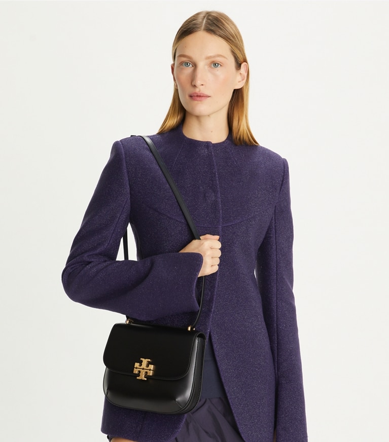 Tory Burch designer shoulder bags Eleanor Slim Saddlebag in Black angle
