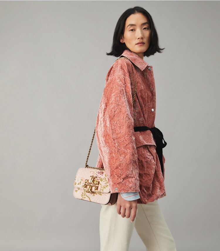 Tory Burch designer shoulder bags Eleanor Small Bag in Sugar Berry accessory on model