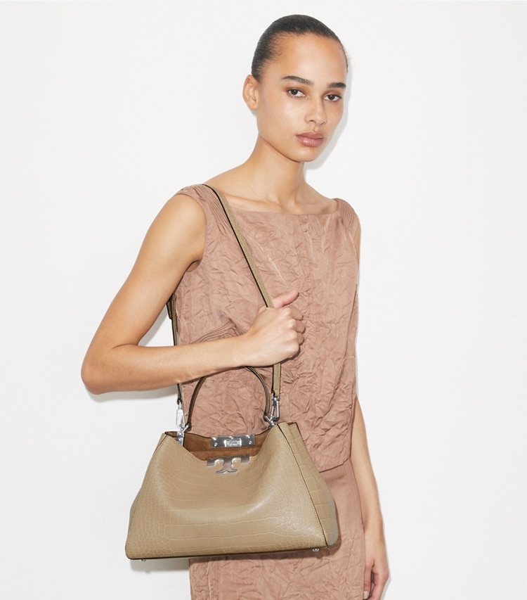 Tory Burch designer satchels Eleanor Soft Croc-Embossed Satchel in Ginger Leaf accessory on model