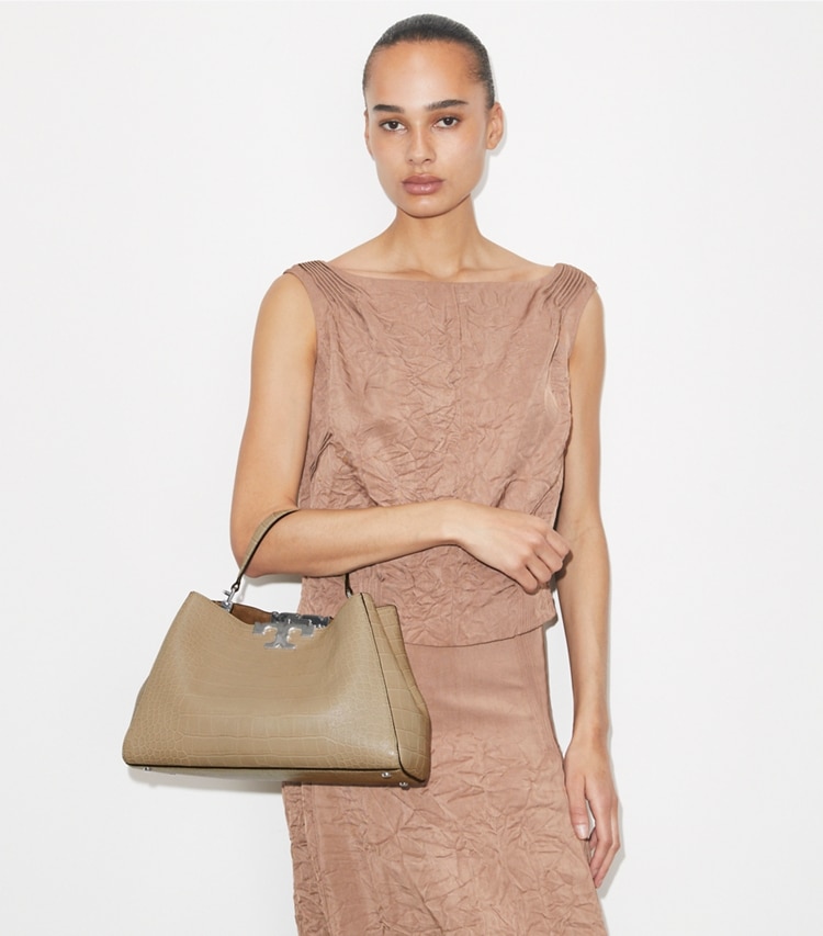 Tory Burch designer satchels Eleanor Soft Croc-Embossed Satchel in Ginger Leaf additional on model