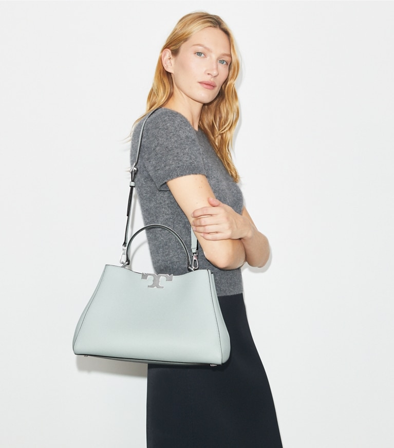 Tory Burch designer satchels Eleanor Soft Satchel in Sea accessory on model