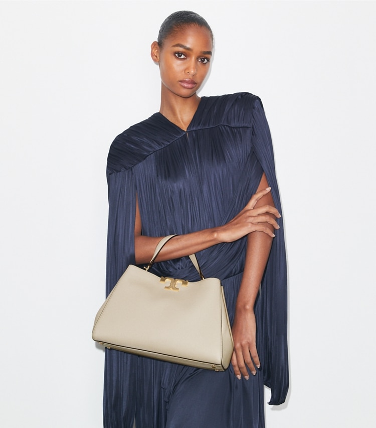 Tory Burch designer satchels Eleanor Soft Satchel in Light Stone additional on model