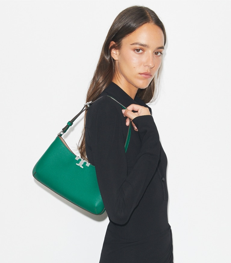 Tory Burch designer shoulder bags Eleanor Soft Slim Shoulder Bag in Dark Kale accessory on model