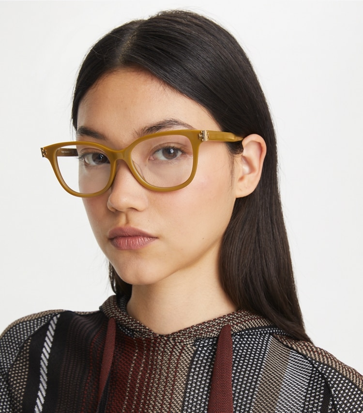 Tory Burch designer sunglasses & eyewear Eleanor Square Eyeglasses in OLIVE GREEN accessory on model