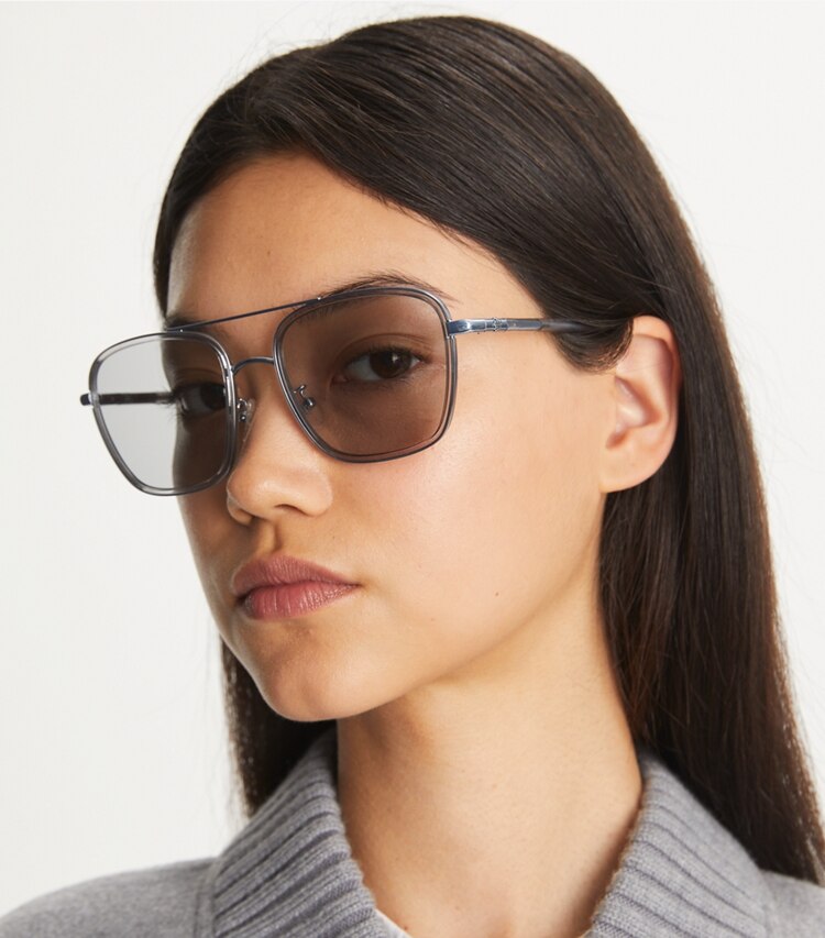 Tory Burch designer sunglasses & eyewear Eleanor Square Pilot Sunglasses in SHINY LIGHT BLUE/SOLID GREY accessory on model