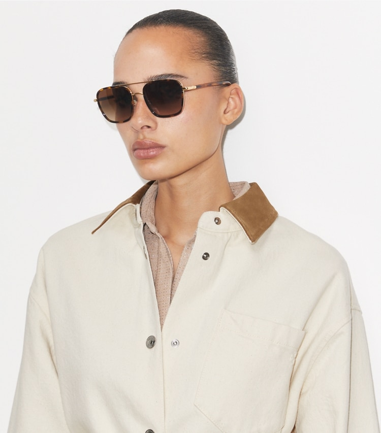 Tory Burch designer sunglasses & eyewear Eleanor Square Pilot Sunglasses in SHINY GOLD/ BROWN GRADIENT accessory on model