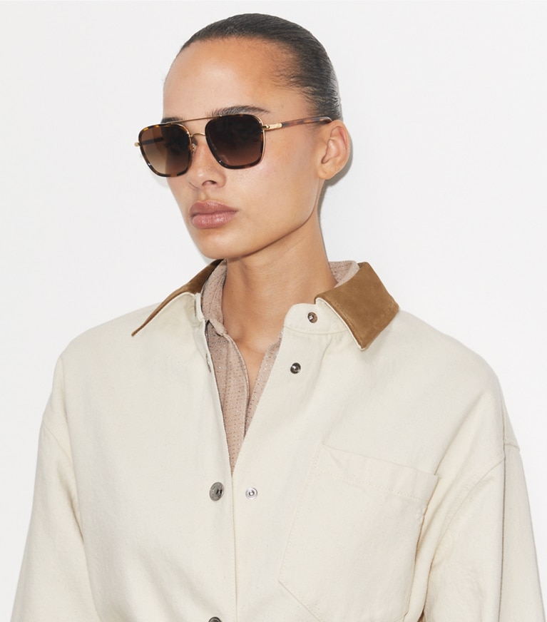 Tory Burch designer sunglasses & eyewear Eleanor Square Pilot Sunglasses in SHINY GOLD/ BROWN GRADIENT accessory on model