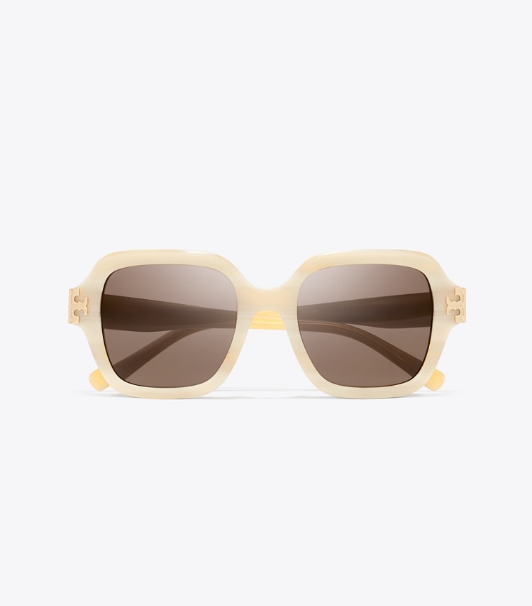 Tory Burch designer sunglasses & eyewear Eleanor Square Sunglasses in IVORY HORN/SOLID BROWN overhead
