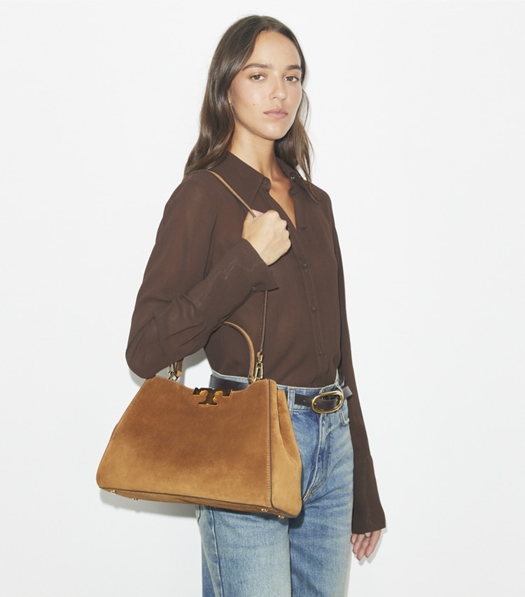 Tory Burch designer satchels Eleanor Suede Satchel in Caramel accessory on model