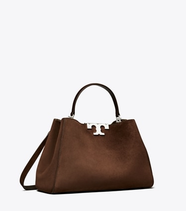 Tory Burch designer satchels Eleanor Suede Satchel in Dark Cocoa angle