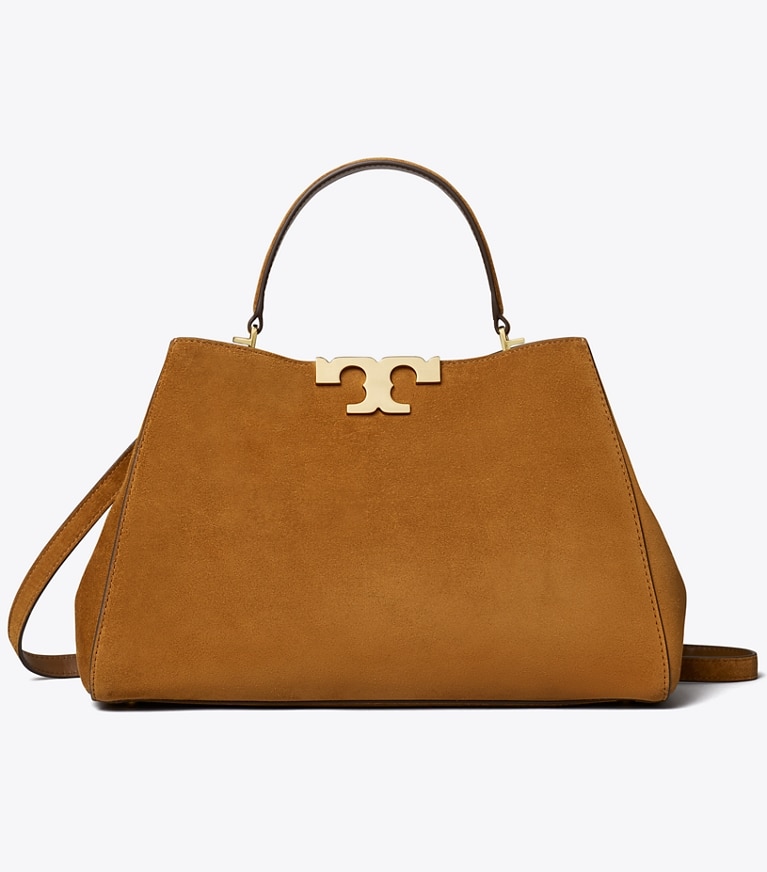 Tory Burch designer satchels Eleanor Suede Satchel in Caramel angle