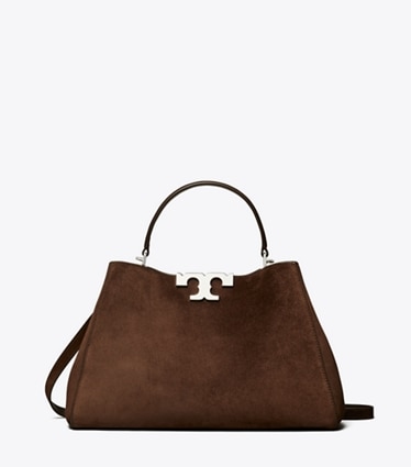 Tory Burch designer satchels Eleanor Suede Satchel in Dark Cocoa front