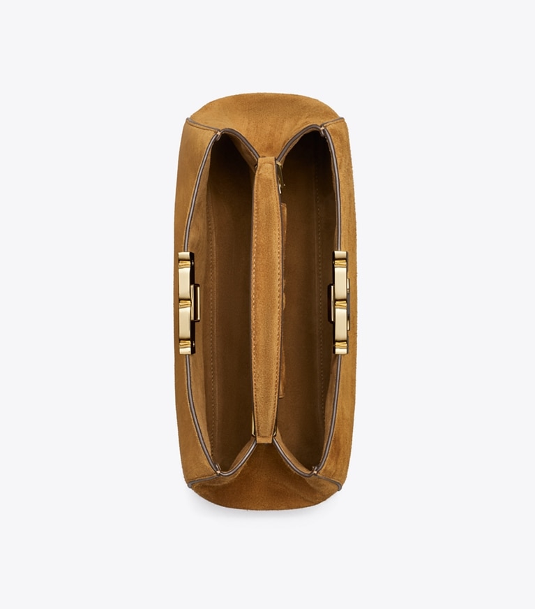 Tory Burch designer satchels Eleanor Suede Satchel in Caramel angle