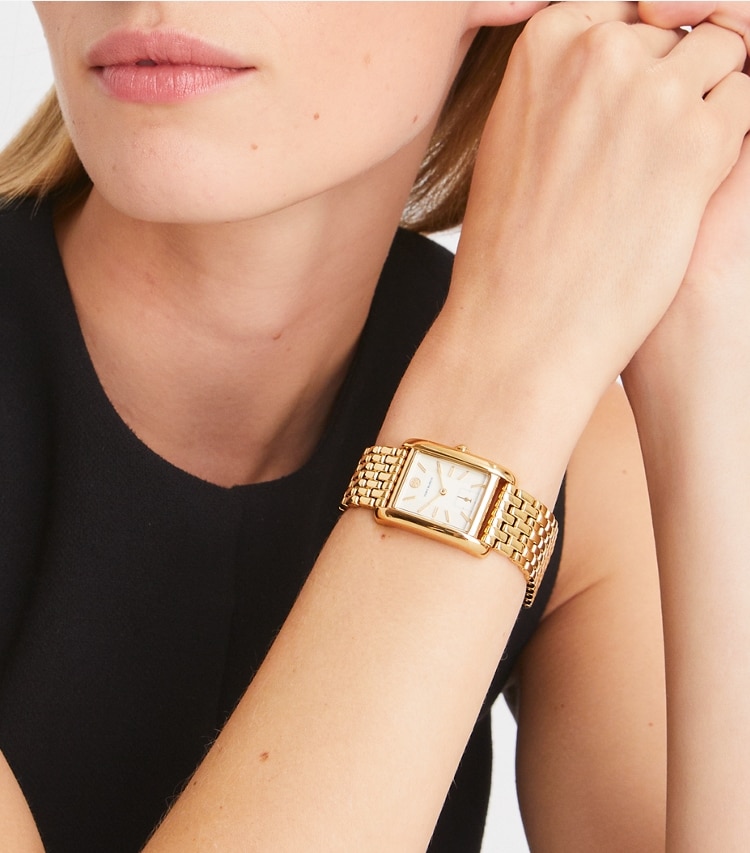 Tory Burch designer strap watches Eleanor Watch in IVORY/GOLD accessory on model