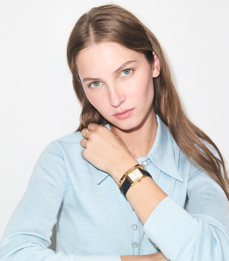 Tory Burch designer strap watches Eleanor Watch in IVORY/BLACK accessory on model