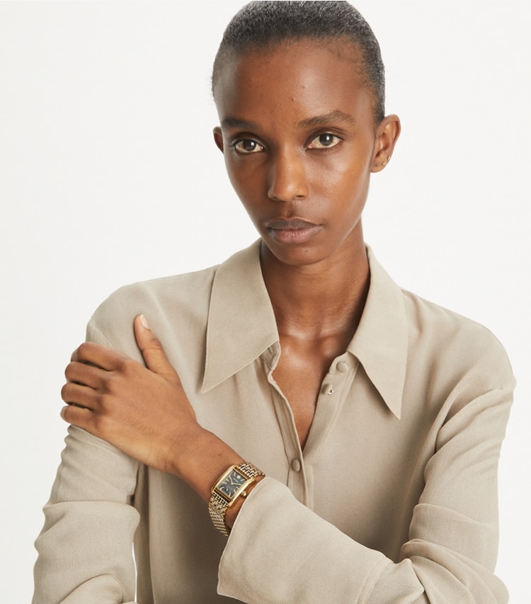 Tory Burch designer strap watches Eleanor Watch in BLACK TINTED MOP/TWO-TONE accessory on model