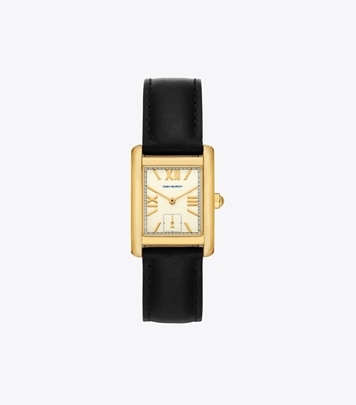 Tory Burch ブラック ゴールド ラップウォッチ Tory Burch Women's Gold-Tone Logo Black Leather Strap Watch
