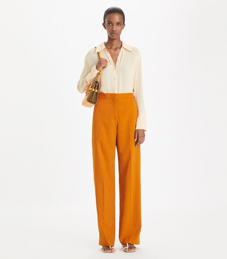 Tory Burch designer unterteile Elegante, drapierte Hose mit meliertem Look in Cognac Amber modell von vorn