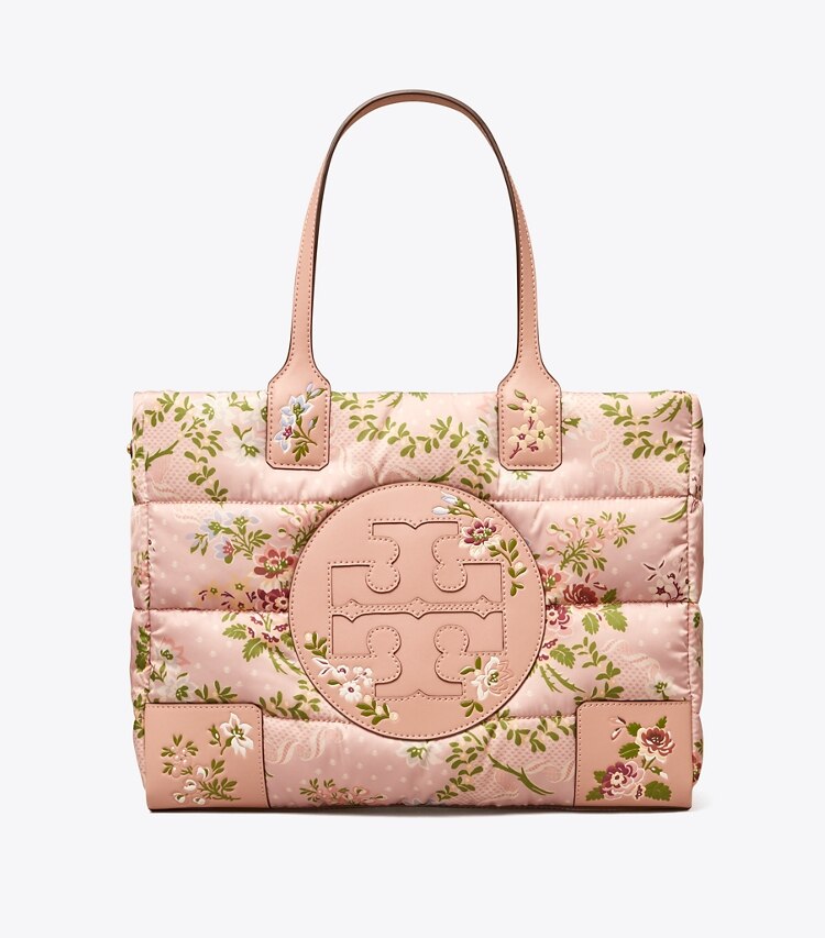 Tory Burch designer tote bags Ella Brocade Mini Puffer Tote in Sugar Berry front