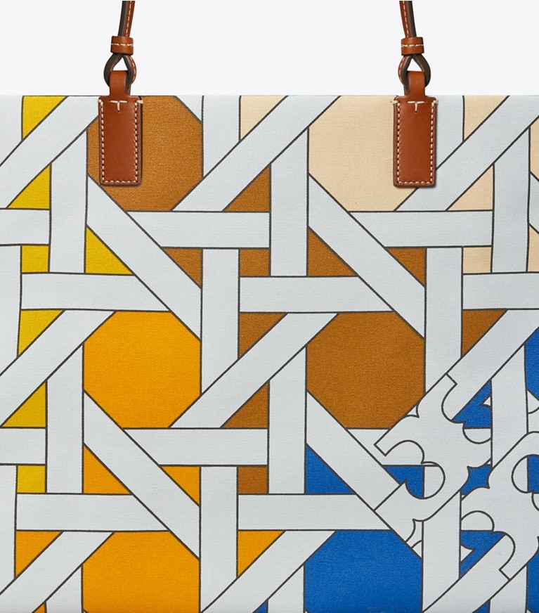 Tory Burch designer tote bags Ella Canvas Basketweave Tote in Blue Multi Basketweave angle