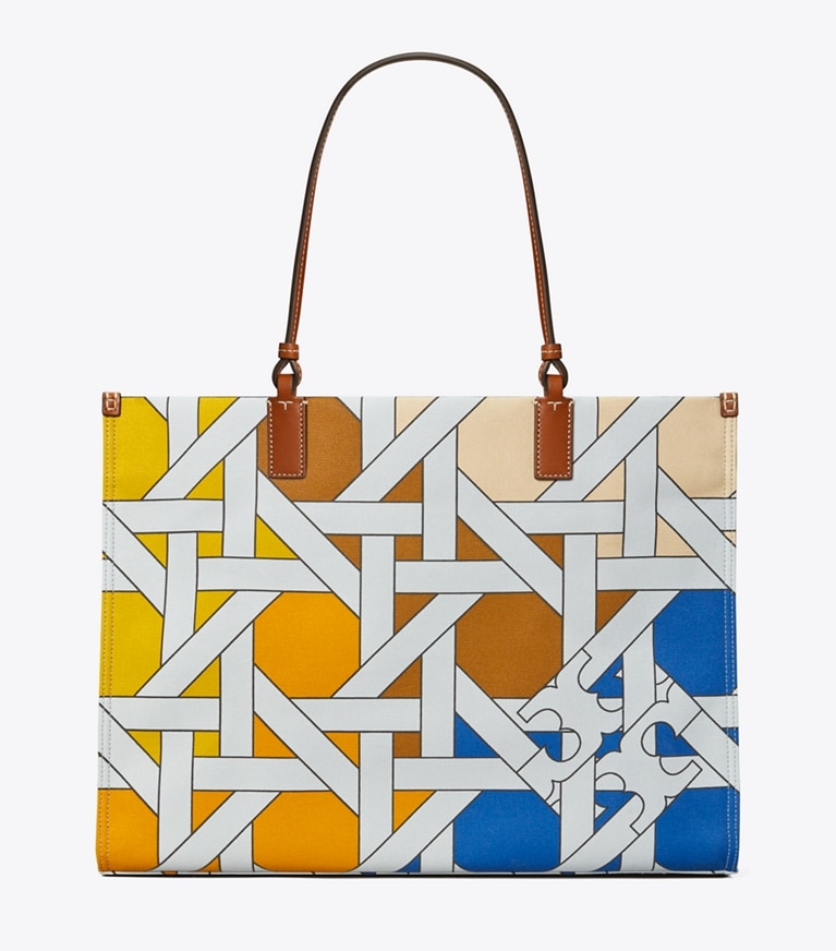 Tory Burch designer tote bags Ella Canvas Basketweave Tote in Blue Multi Basketweave angle