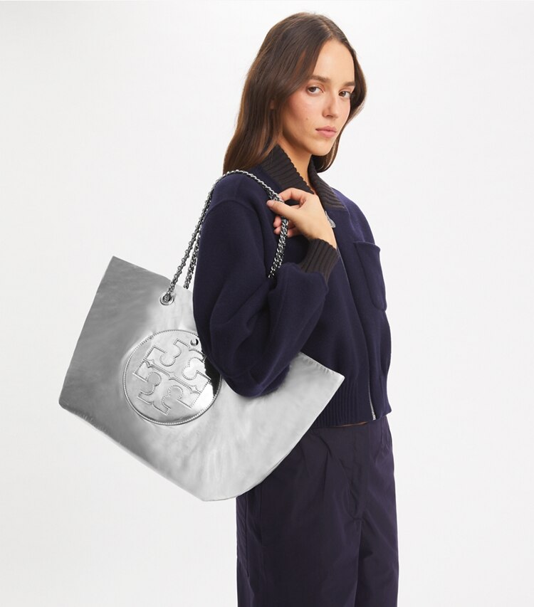 Tory Burch designer tote bags Ella Chain Metallic Tote in Silver accessory on model