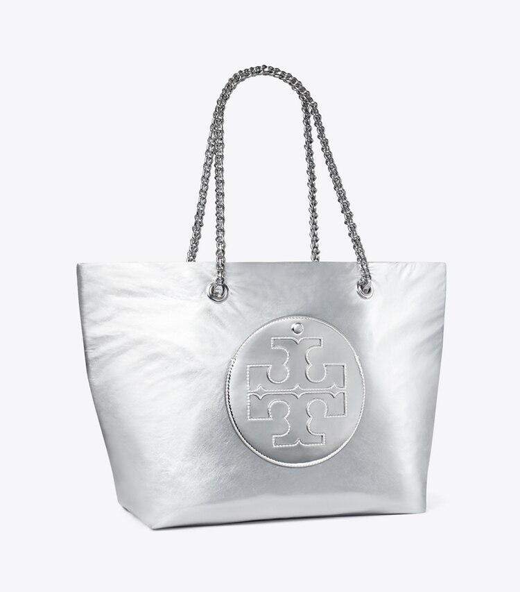 Tory Burch designer tote bags Ella Chain Metallic Tote in Silver angle