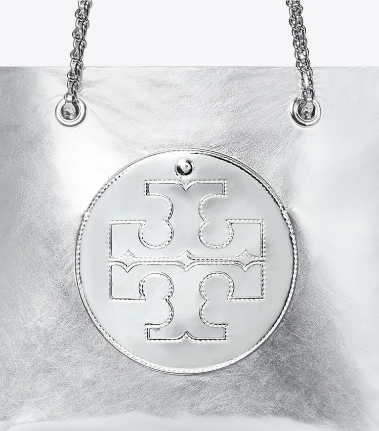 Tory Burch designer tote bags Ella Chain Metallic Tote in Silver angle