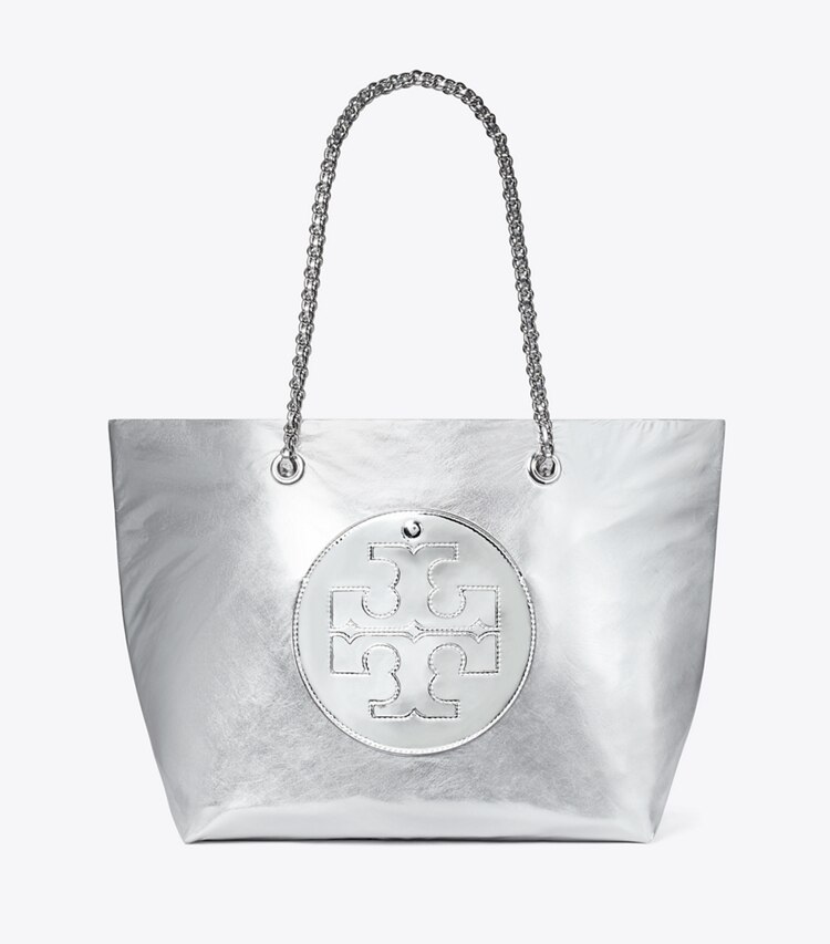 Tory Burch designer tote bags Ella Chain Metallic Tote in Silver front