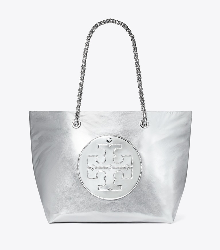 Tory Burch designer tote bags Ella Chain Metallic Tote in Silver angle