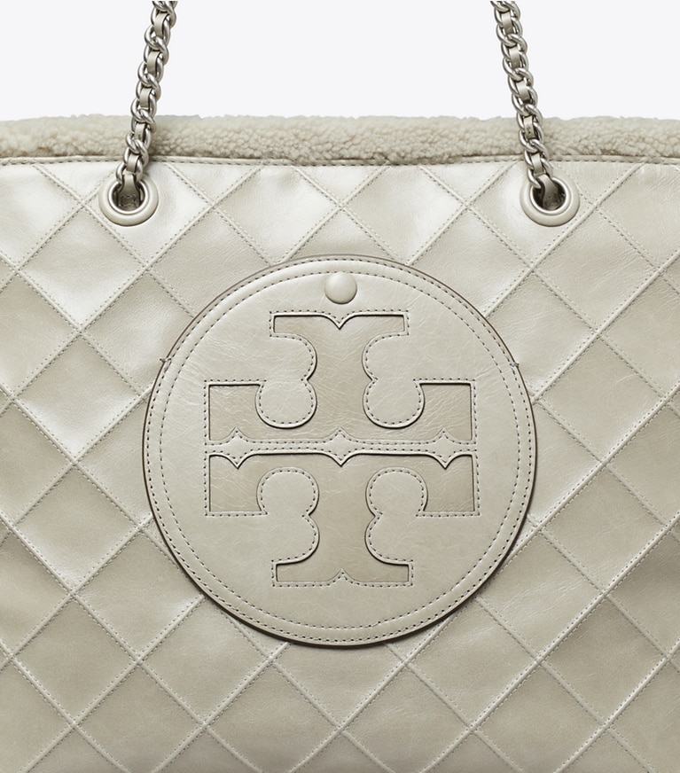 Tory Burch designer tote bags Ella Chain Shearling Tote in Cotton Grey angle